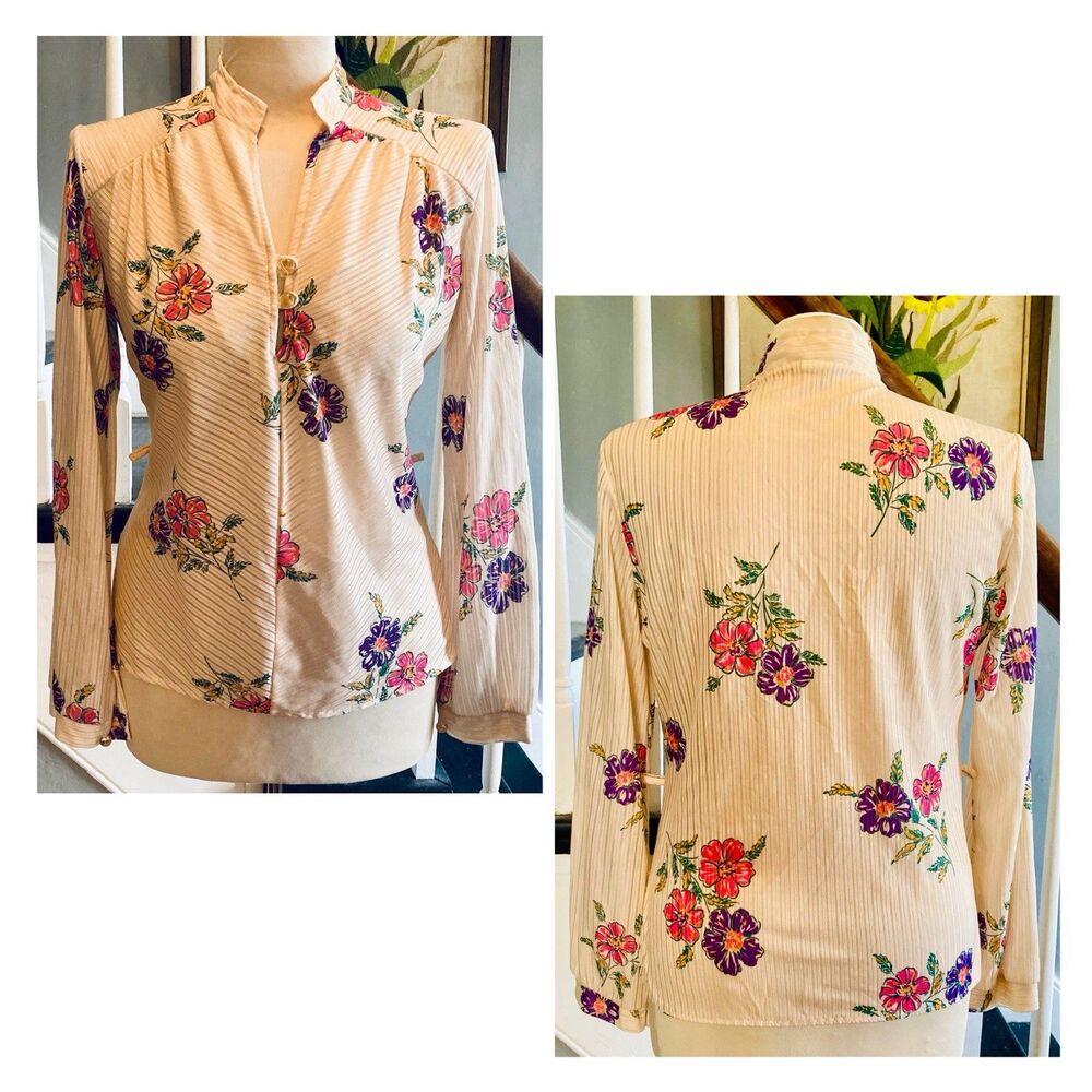 1970s Beige Disco Polyester Floral Collarless Blouse Cottagecore Wear To Work